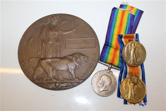 Death plaque to Robert Service and WWI pair to Fairbairn HLI and another medal